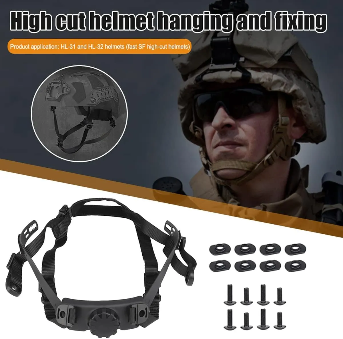 AZB Tactical Helmet Strap Adjustable Chin Strap Inner Suspension System with Bolts and Screws for Tactical Fast MICH IBH Airsoft Helmets