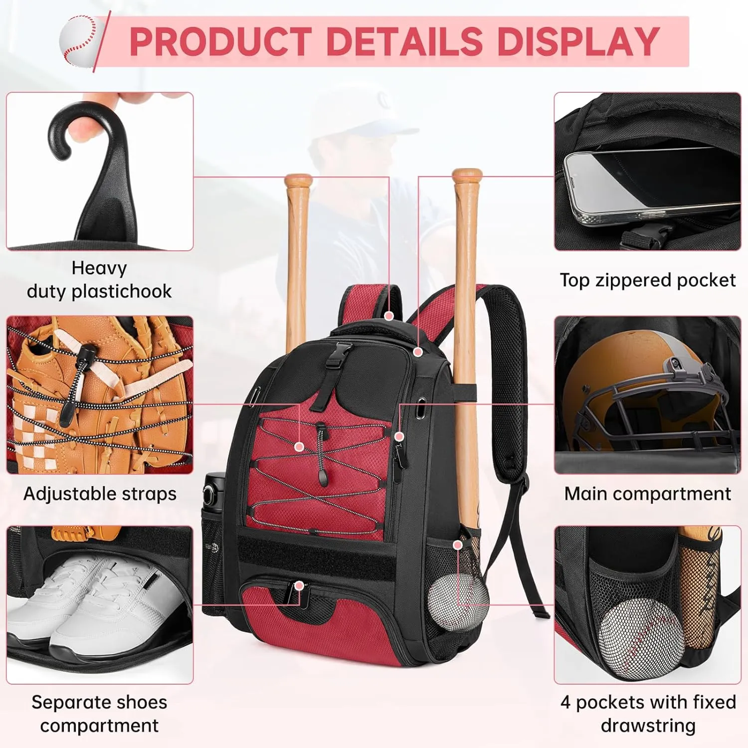 Baseball Bag-Backpack for Baseball, T-Ball, Softball and More| Holds Bat, Helmet, Glove&Shoes| Separate glasses Compartment& Fence Hook