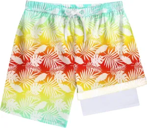 Boys Quick Dry Swim Trunks with Compression Liner 2 in 1 Beach Stretch Swim Shorts