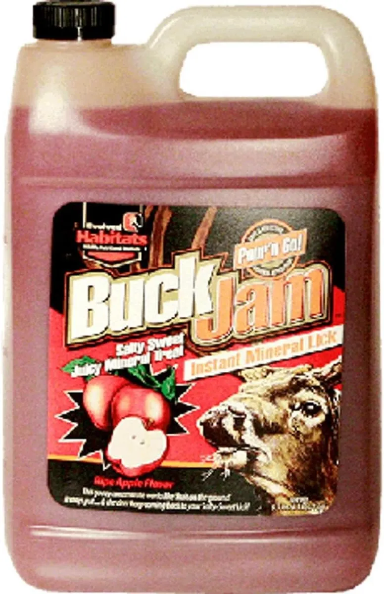 Buck Jam Ripe Apple Flavored Salty Sweet Liquid Deer Attractant - Instant Mineral Lick - Powerful Ready-to-Use Year-Round Beneficial Food Supplement for Deer - 1 Gallon