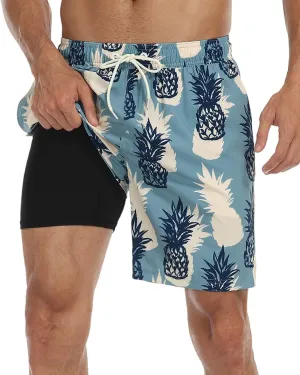Nonwe Mens Swim Trunks with Compression Liner Quick Dry Hawaiian Bathing Suits 2 in 1 Board Shorts with Pockets