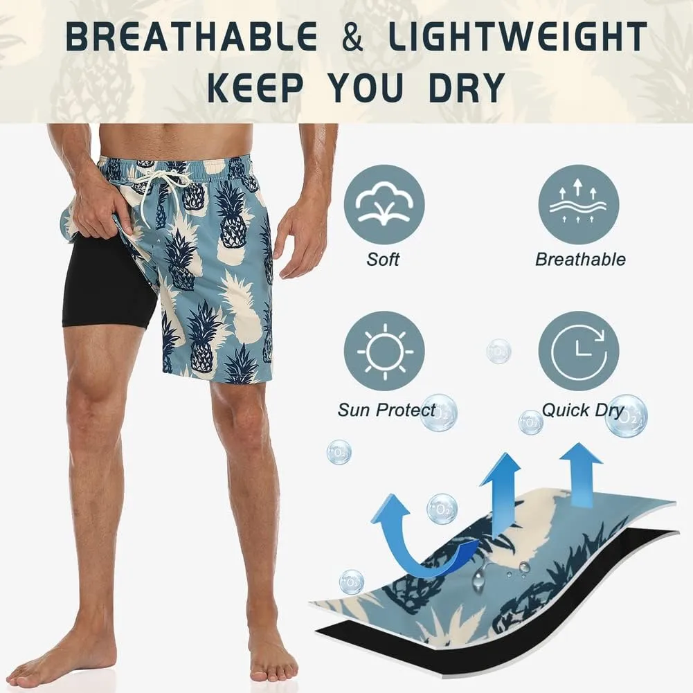 Nonwe Mens Swim Trunks with Compression Liner Quick Dry Hawaiian Bathing Suits 2 in 1 Board Shorts with Pockets