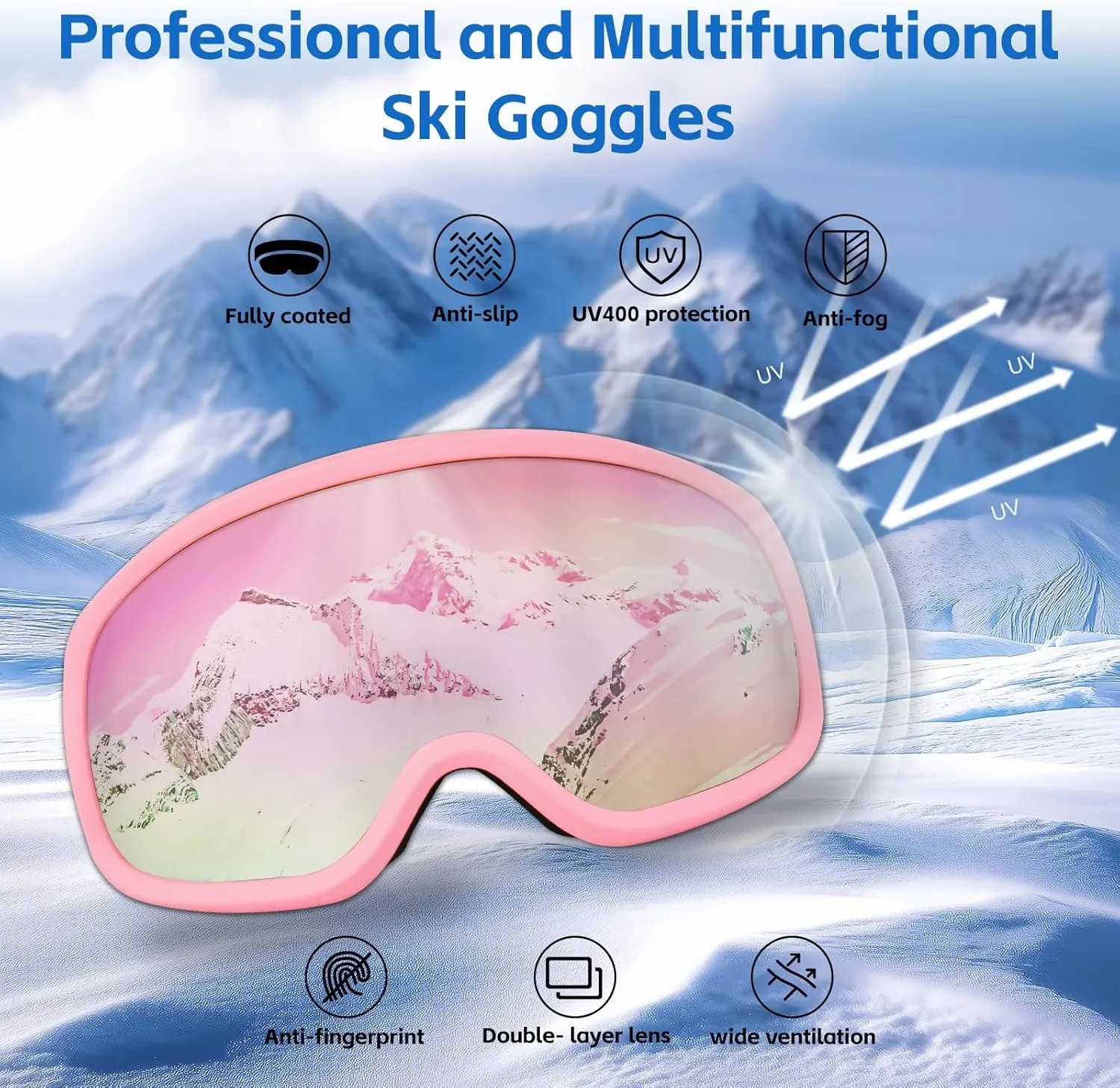 Ski Goggles Full Frame, Anti-Fog, UV Protection, Full Coating, Windproof for Snowboarding and Skiing Snow Sports