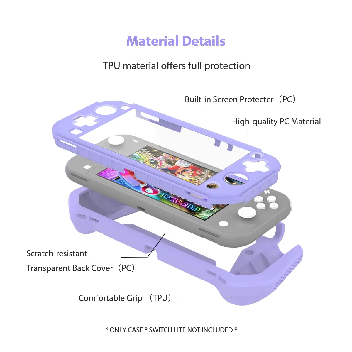 Switch Lite Case Protective Case for Nintendo Switch Lite, Compatible with Nintendo Lite Screen Protector Cover Hand Grip Cover with Detachable TPU Built-in PC Screen (Purple)