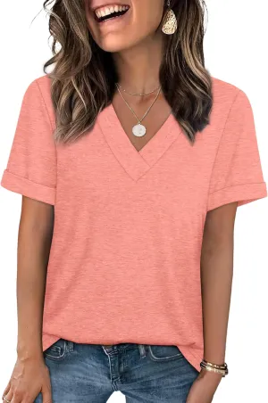 WIHOLL Womens Summer Tops Short Sleeve Basic Casual V Neck T Shirts Trendy Fashion 2025