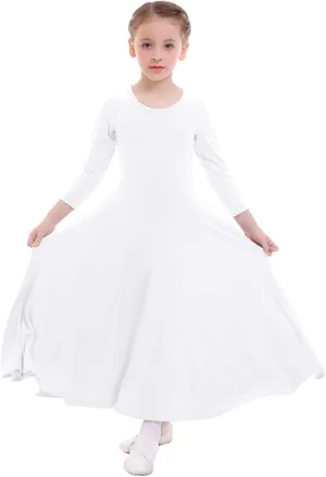 ZX Girls Long Sleeve Praise Dance Dress Full Length Wide Swing Lyrical Dancewear Liturgical Worship Costume